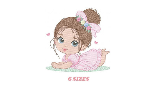 Baby girl with flowers embroidery designs - Princess with long hair and lace machine embroidery pattern - Instant digital download pes dst