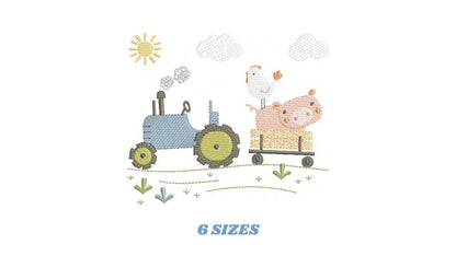 Farm Tractor with pig and chicken embroidery designs - Truck with sun and clouds machine embroidery pattern - Baby boy - Instant download