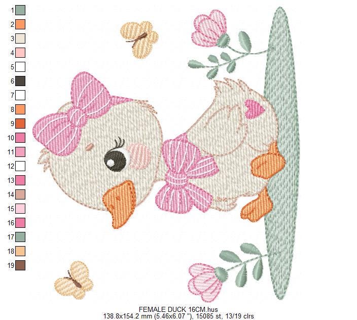 Female Duck with big lace embroidery design - Baby girl animal machine embroidery pattern - Baby Girl file - Instant digital download pes