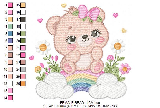 Female Bear embroidery designs - Baby girl Teddy with rainbow and flowers machine embroidery pattern - Instant digital download pes jef dst
