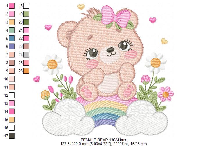 Female Bear embroidery designs - Baby girl Teddy with rainbow and flowers machine embroidery pattern - Instant digital download pes jef dst
