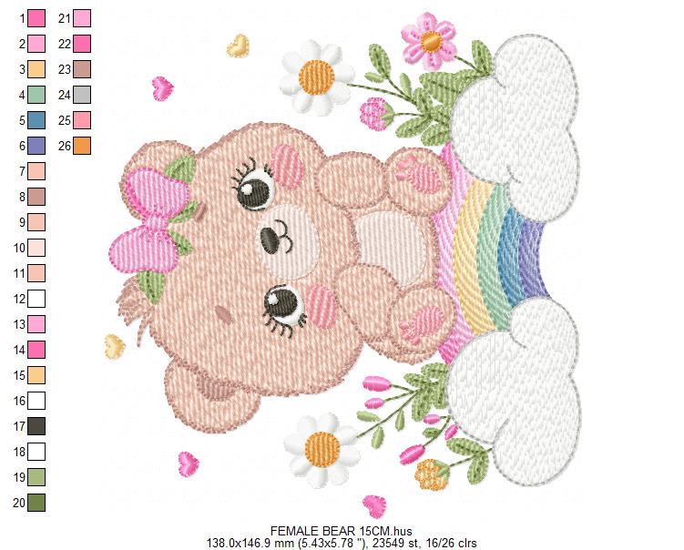 Female Bear embroidery designs - Baby girl Teddy with rainbow and flowers machine embroidery pattern - Instant digital download pes jef dst