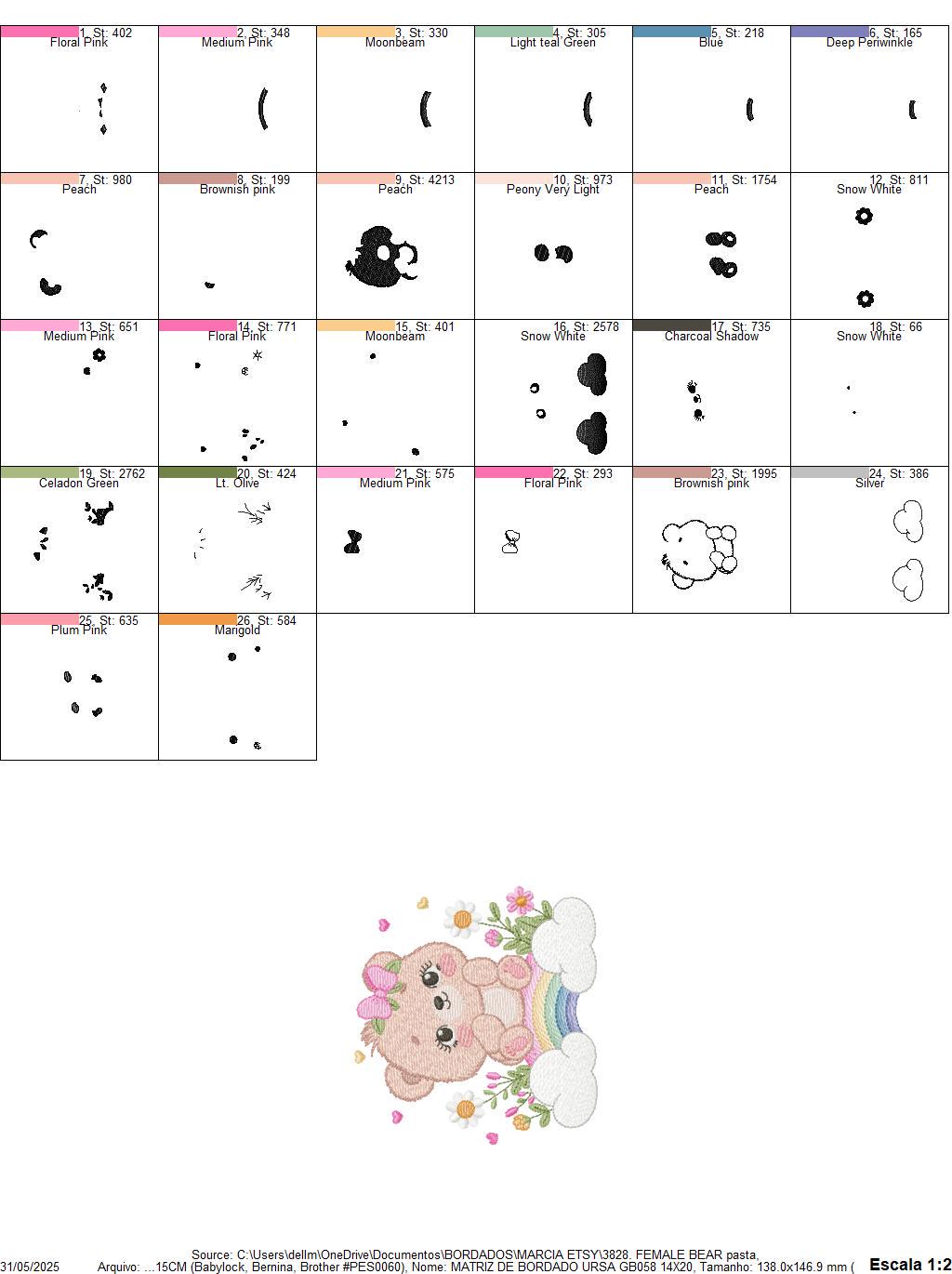 Female Bear embroidery designs - Baby girl Teddy with rainbow and flowers machine embroidery pattern - Instant digital download pes jef dst