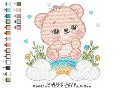 Teddy Bear embroidery designs - Male bear with rainbow and flowers machine embroidery pattern - Baby boy file - Instant digital download pes