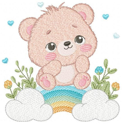 Teddy Bear embroidery designs - Male bear with rainbow and flowers machine embroidery pattern - Baby boy file - Instant digital download pes