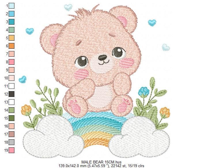 Teddy Bear embroidery designs - Male bear with rainbow and flowers machine embroidery pattern - Baby boy file - Instant digital download pes