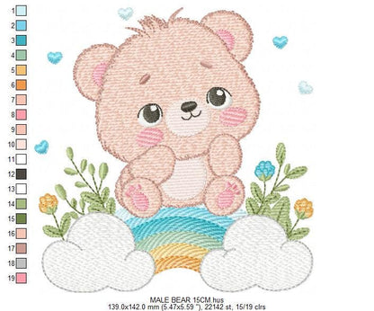 Teddy Bear embroidery designs - Male bear with rainbow and flowers machine embroidery pattern - Baby boy file - Instant digital download pes