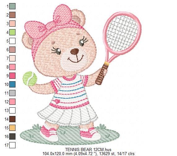 Female Bear embroidery designs - Baby girl machine embroidery pattern - Bear playing tennis - Tennis racket and ball - Instant download pes