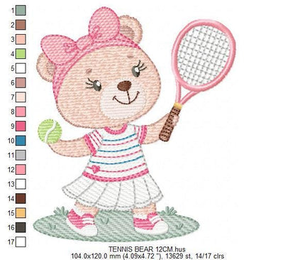 Female Bear embroidery designs - Baby girl machine embroidery pattern - Bear playing tennis - Tennis racket and ball - Instant download pes