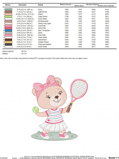 Female Bear embroidery designs - Baby girl machine embroidery pattern - Bear playing tennis - Tennis racket and ball - Instant download pes