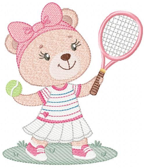Female Bear embroidery designs - Baby girl machine embroidery pattern - Bear playing tennis - Tennis racket and ball - Instant download pes