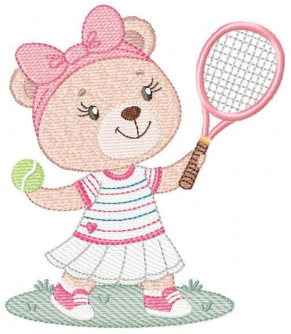 Female Bear embroidery designs - Baby girl machine embroidery pattern - Bear playing tennis - Tennis racket and ball - Instant download pes
