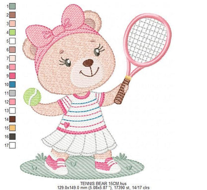 Female Bear embroidery designs - Baby girl machine embroidery pattern - Bear playing tennis - Tennis racket and ball - Instant download pes