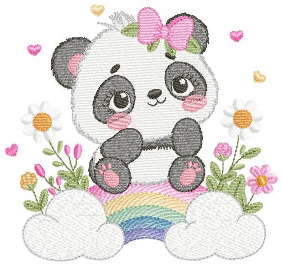 Panda embroidery design - Animal with rainbow and flowers machine embroidery pattern - Baby Girl file - Instant digital download pes jef dst