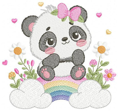 Panda embroidery design - Animal with rainbow and flowers machine embroidery pattern - Baby Girl file - Instant digital download pes jef dst