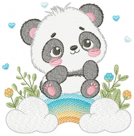 Panda embroidery design - Animal with rainbow and flowers machine embroidery pattern - Baby boy file - Instant digital download pes jef dst