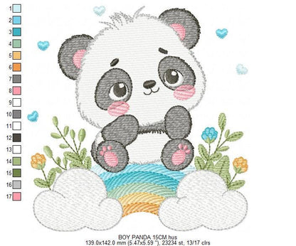 Panda embroidery design - Animal with rainbow and flowers machine embroidery pattern - Baby boy file - Instant digital download pes jef dst