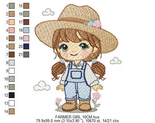 Farmer embroidery designs - Farmer with hat and ponytail machine embroidery pattern - Girl with long hair and overalls - Instant download