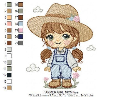 Farmer embroidery designs - Farmer with hat and ponytail machine embroidery pattern - Girl with long hair and overalls - Instant download