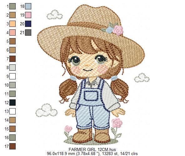Farmer embroidery designs - Farmer with hat and ponytail machine embroidery pattern - Girl with long hair and overalls - Instant download