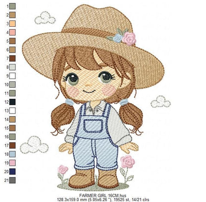Farmer embroidery designs - Farmer with hat and ponytail machine embroidery pattern - Girl with long hair and overalls - Instant download