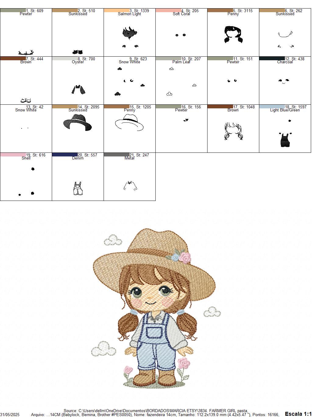 Farmer embroidery designs - Farmer with hat and ponytail machine embroidery pattern - Girl with long hair and overalls - Instant download