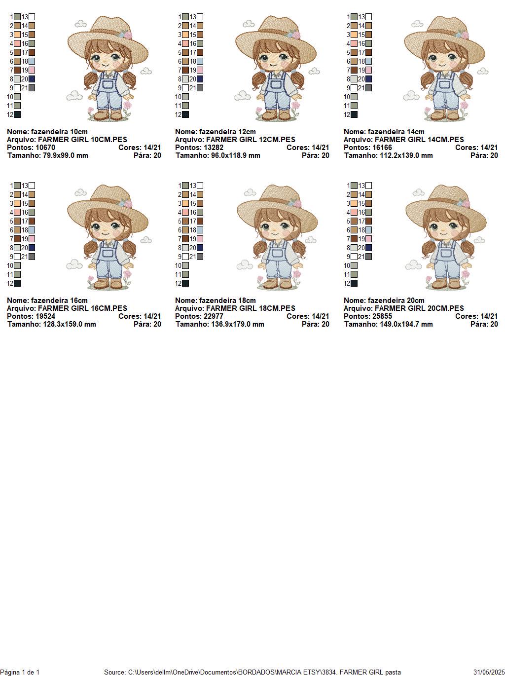 Farmer embroidery designs - Farmer with hat and ponytail machine embroidery pattern - Girl with long hair and overalls - Instant download