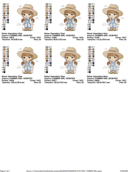 Farmer embroidery designs - Farmer with hat and ponytail machine embroidery pattern - Girl with long hair and overalls - Instant download
