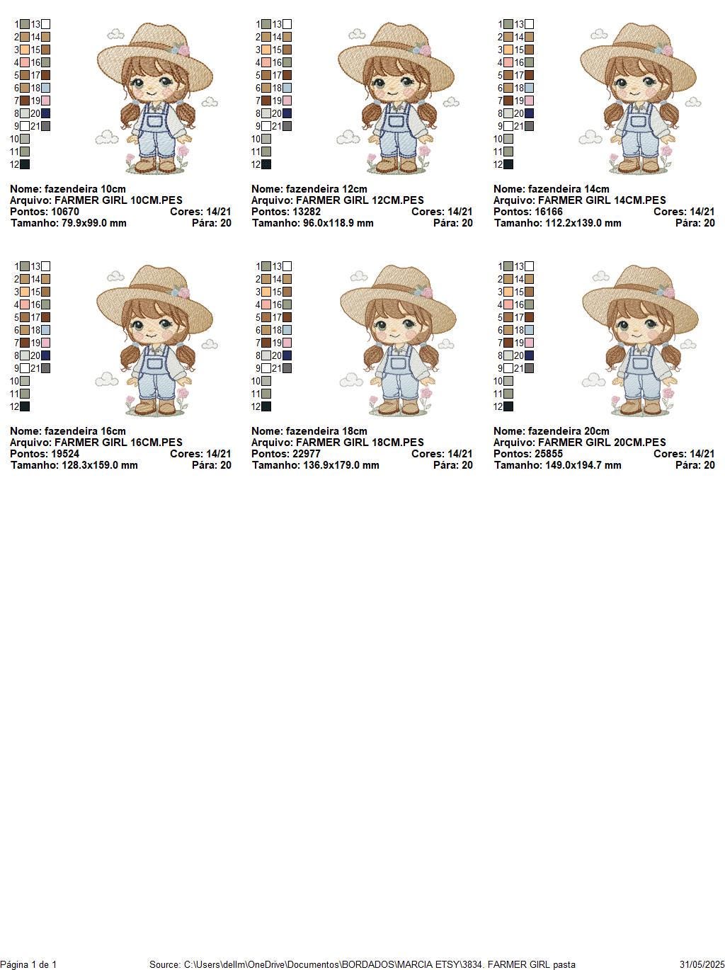 Farmer embroidery designs - Farmer with hat and ponytail machine embroidery pattern - Girl with long hair and overalls - Instant download