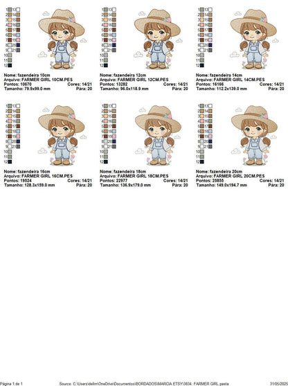 Farmer embroidery designs - Farmer with hat and ponytail machine embroidery pattern - Girl with long hair and overalls - Instant download