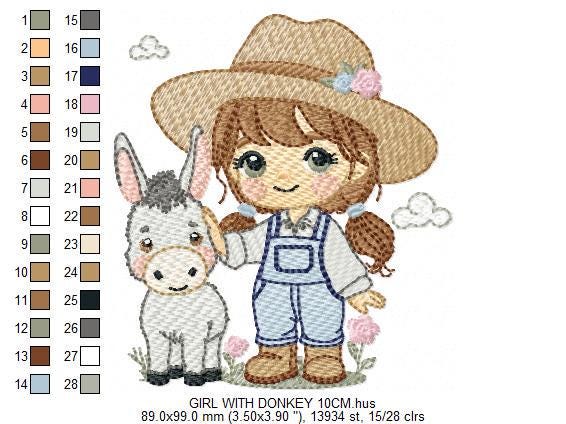 Girl Farmer embroidery designs - Farmer with hat and donkey machine embroidery pattern - Cowgirl Ranch file - Instant digital download pes