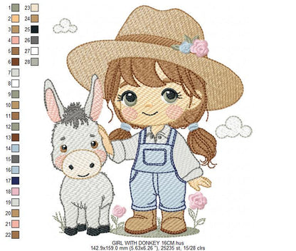 Girl Farmer embroidery designs - Farmer with hat and donkey machine embroidery pattern - Cowgirl Ranch file - Instant digital download pes