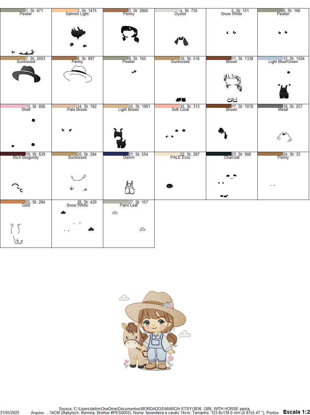 Girl Farmer embroidery designs - Farmer with hat and horse machine embroidery pattern - Girl with long hair file - Instant digital download
