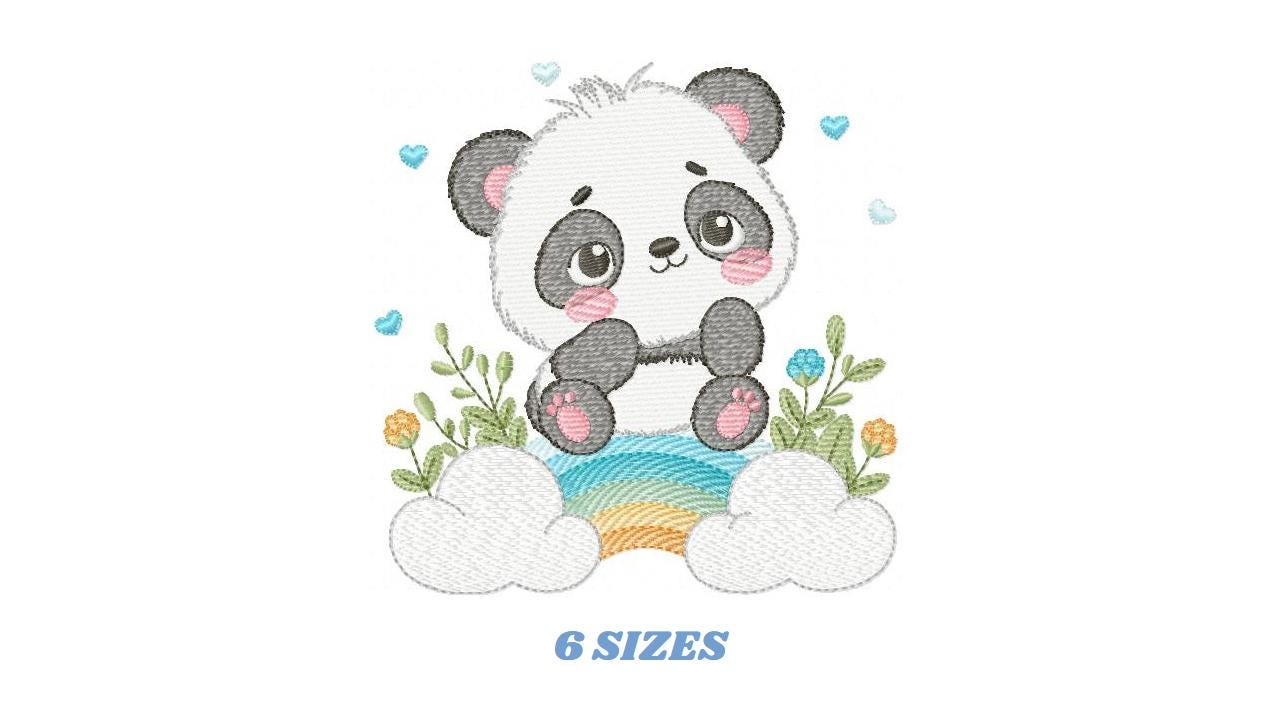 Panda embroidery design - Animal with rainbow and flowers machine embroidery pattern - Baby boy file - Instant digital download pes jef dst
