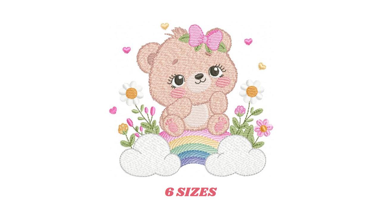 Female Bear embroidery designs - Baby girl Teddy with rainbow and flowers machine embroidery pattern - Instant digital download pes jef dst