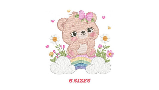 Female Bear embroidery designs - Baby girl Teddy with rainbow and flowers machine embroidery pattern - Instant digital download pes jef dst