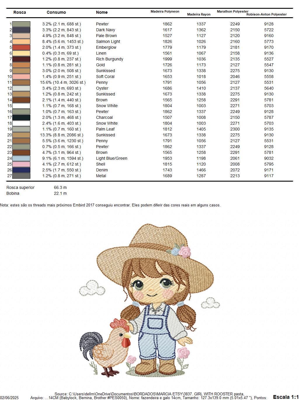 Girl Farmer embroidery designs - Farmer with hat and rooster machine embroidery pattern - Cowgirl with long hair file - Instant download pes