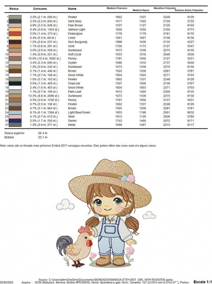 Girl Farmer embroidery designs - Farmer with hat and rooster machine embroidery pattern - Cowgirl with long hair file - Instant download pes