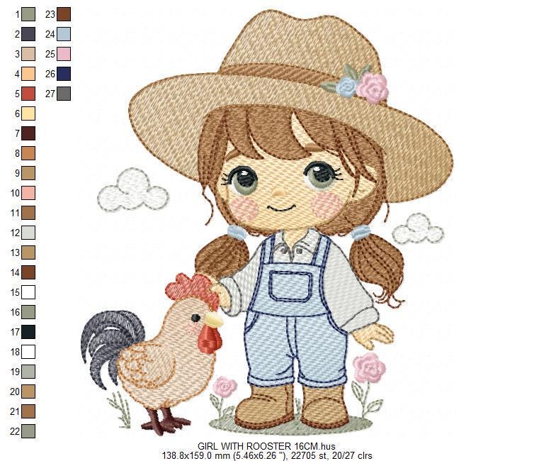 Girl Farmer embroidery designs - Farmer with hat and rooster machine embroidery pattern - Cowgirl with long hair file - Instant download pes