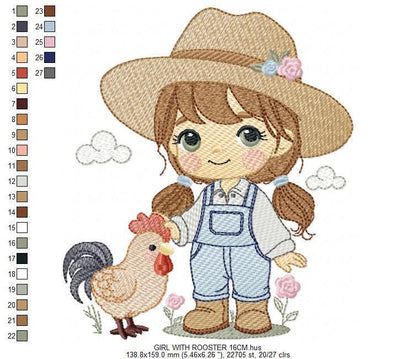 Girl Farmer embroidery designs - Farmer with hat and rooster machine embroidery pattern - Cowgirl with long hair file - Instant download pes