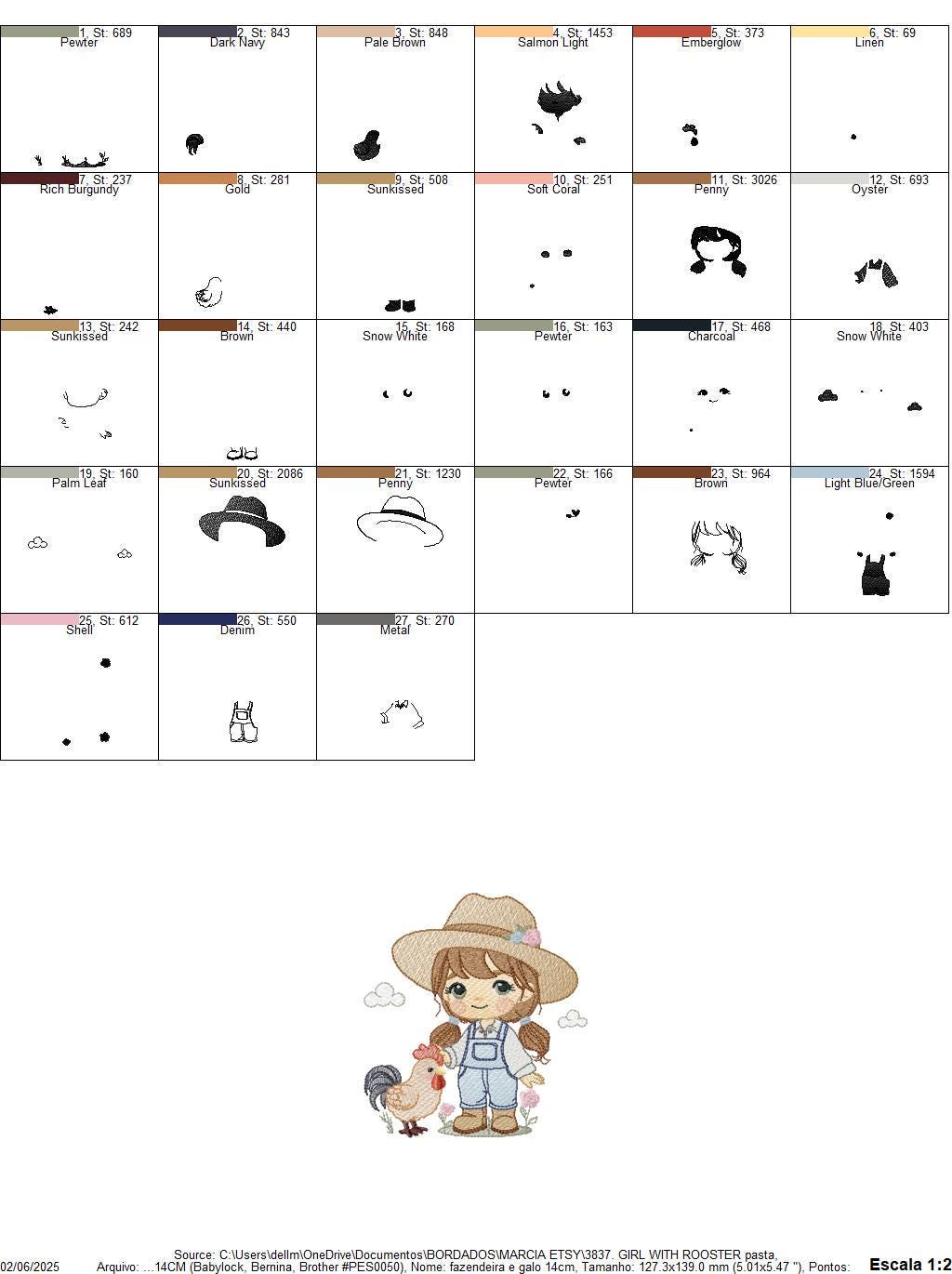 Girl Farmer embroidery designs - Farmer with hat and rooster machine embroidery pattern - Cowgirl with long hair file - Instant download pes