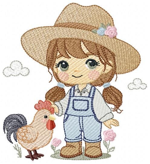 Girl Farmer embroidery designs - Farmer with hat and rooster machine embroidery pattern - Cowgirl with long hair file - Instant download pes
