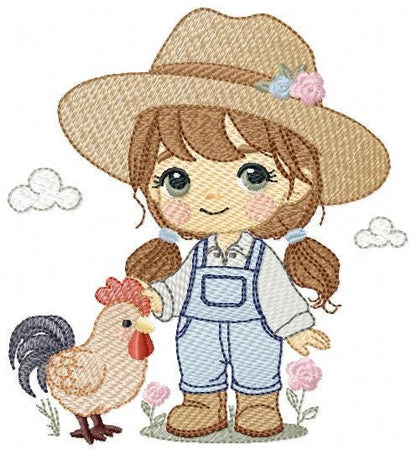 Girl Farmer embroidery designs - Farmer with hat and rooster machine embroidery pattern - Cowgirl with long hair file - Instant download pes