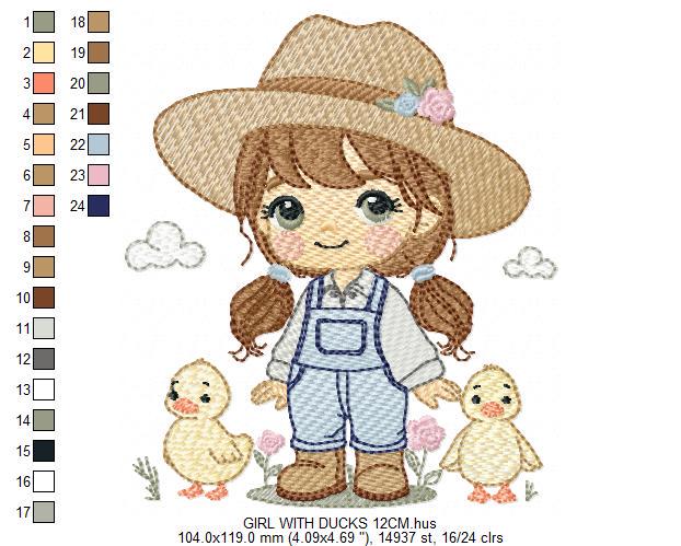 Girl Farmer embroidery designs - Farmer with hat and ducks machine embroidery pattern - Cowgirl ranch worker file - Instant digital download