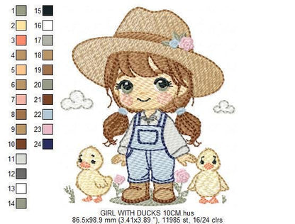 Girl Farmer embroidery designs - Farmer with hat and ducks machine embroidery pattern - Cowgirl ranch worker file - Instant digital download