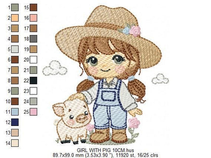 Girl Farmer embroidery designs - Farmer with hat and pig machine embroidery pattern - Cowgirlwith long hair file - Instant digital download