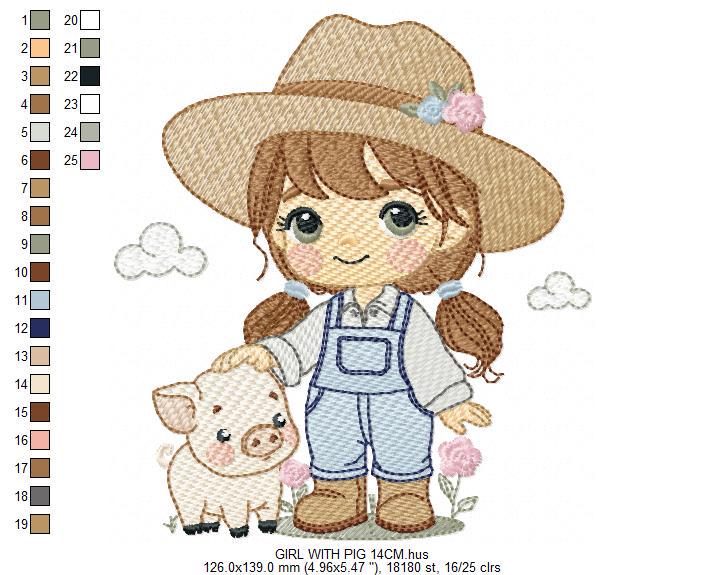 Girl Farmer embroidery designs - Farmer with hat and pig machine embroidery pattern - Cowgirlwith long hair file - Instant digital download