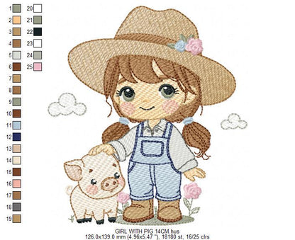 Girl Farmer embroidery designs - Farmer with hat and pig machine embroidery pattern - Cowgirlwith long hair file - Instant digital download