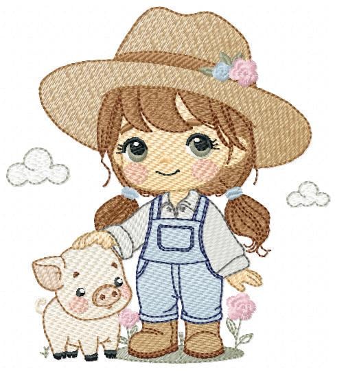 Girl Farmer embroidery designs - Farmer with hat and pig machine embroidery pattern - Cowgirlwith long hair file - Instant digital download