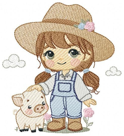 Girl Farmer embroidery designs - Farmer with hat and pig machine embroidery pattern - Cowgirlwith long hair file - Instant digital download